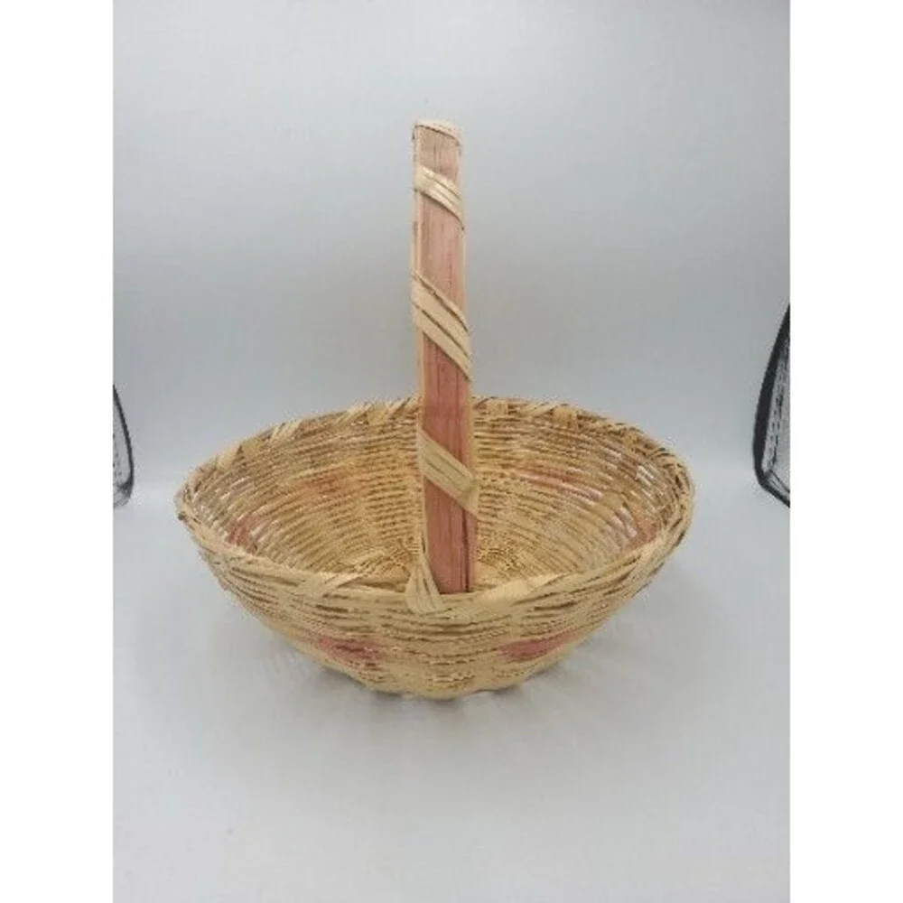 Vintage Woven Easter Basket Pink Bands Handle Made in Mexico 12